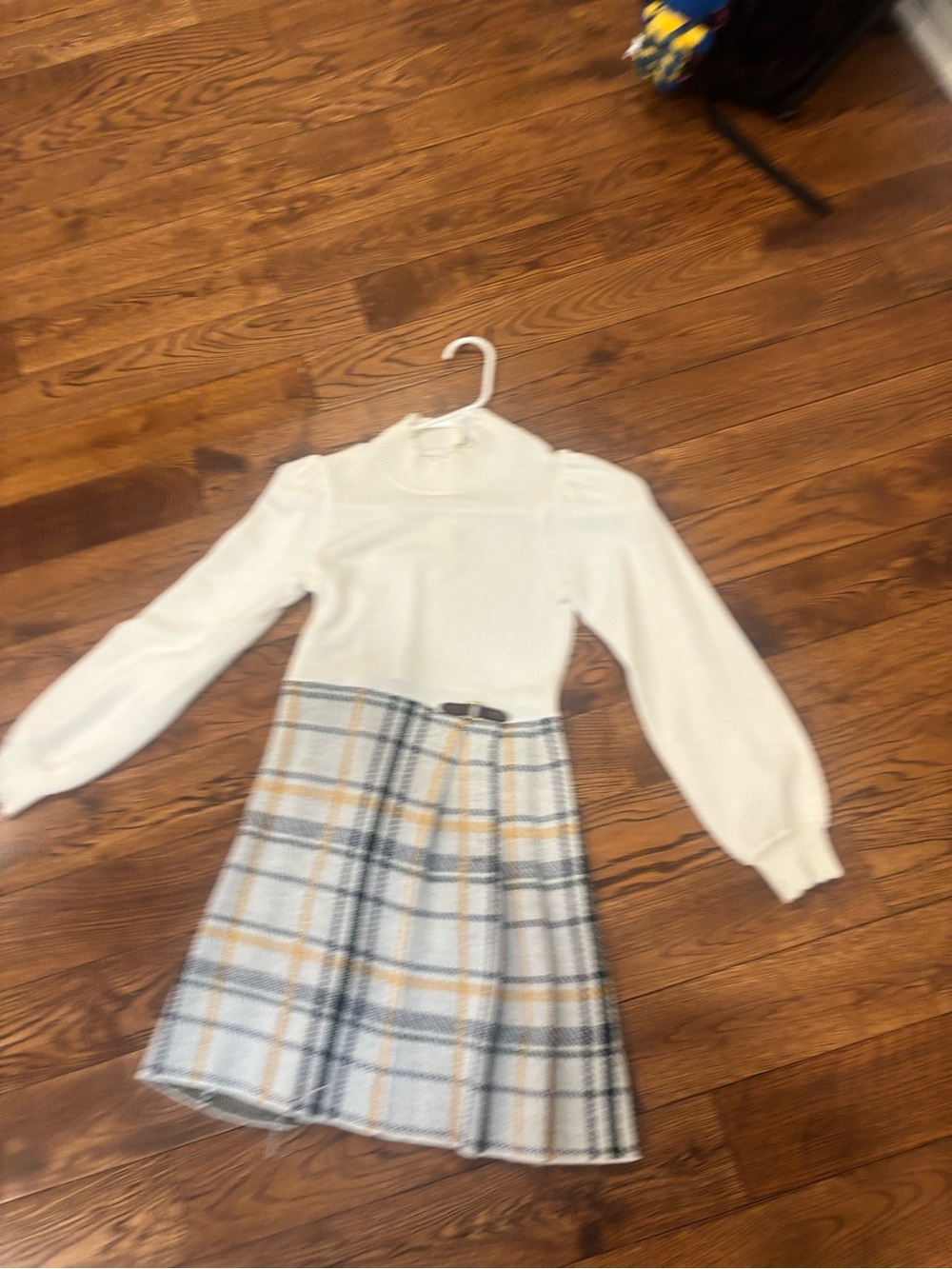 Janie and Jack White Knit Top with Blue & Tan Plaid Skirt
